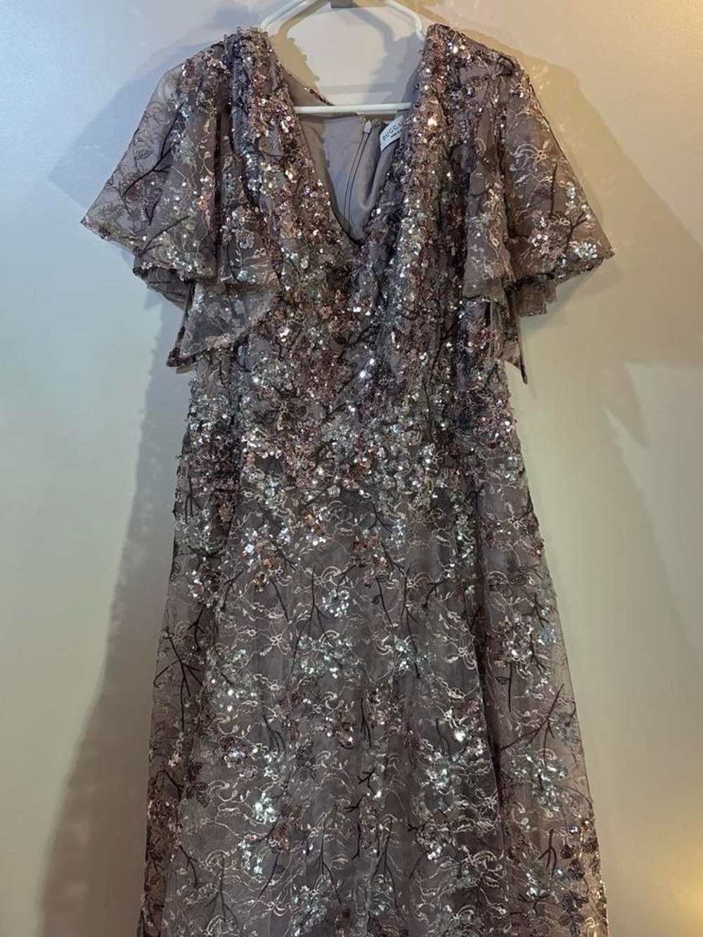 Mac Duggal Sequin Embroidered Taupe Evening Gown